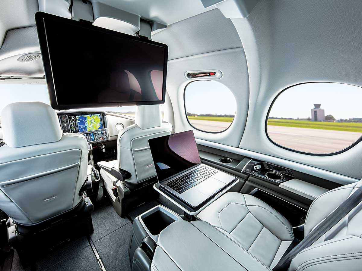 Cirrus Vision Jet cabin with leather seating and panoramic windows