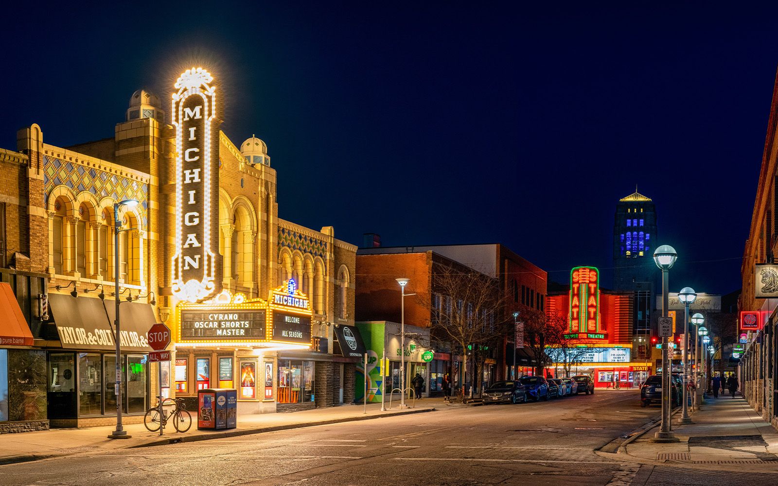 Michigan Theater marquee on Liberty Street, Ann Arbor, at night