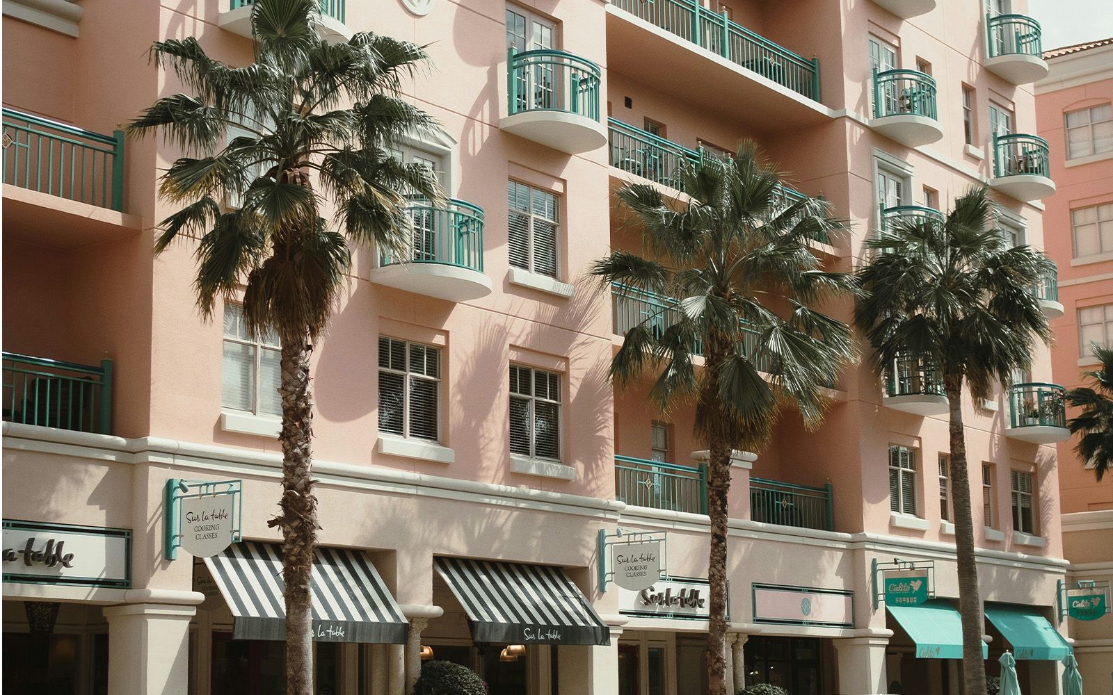 Pink Mediterranean-style buildings in Mizner Park, Boca Raton