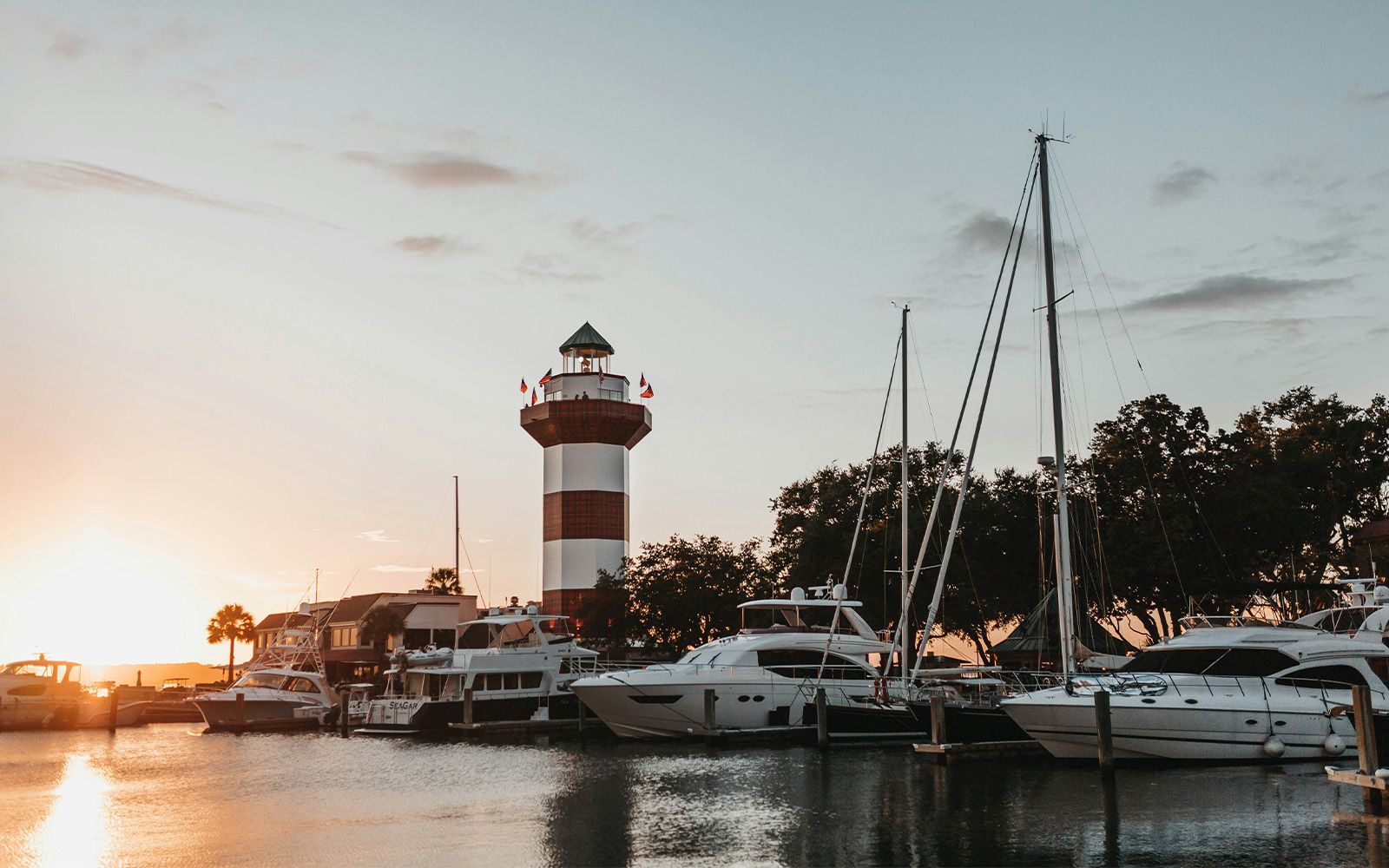 Harbour Town Lighthouse and marina at sunset