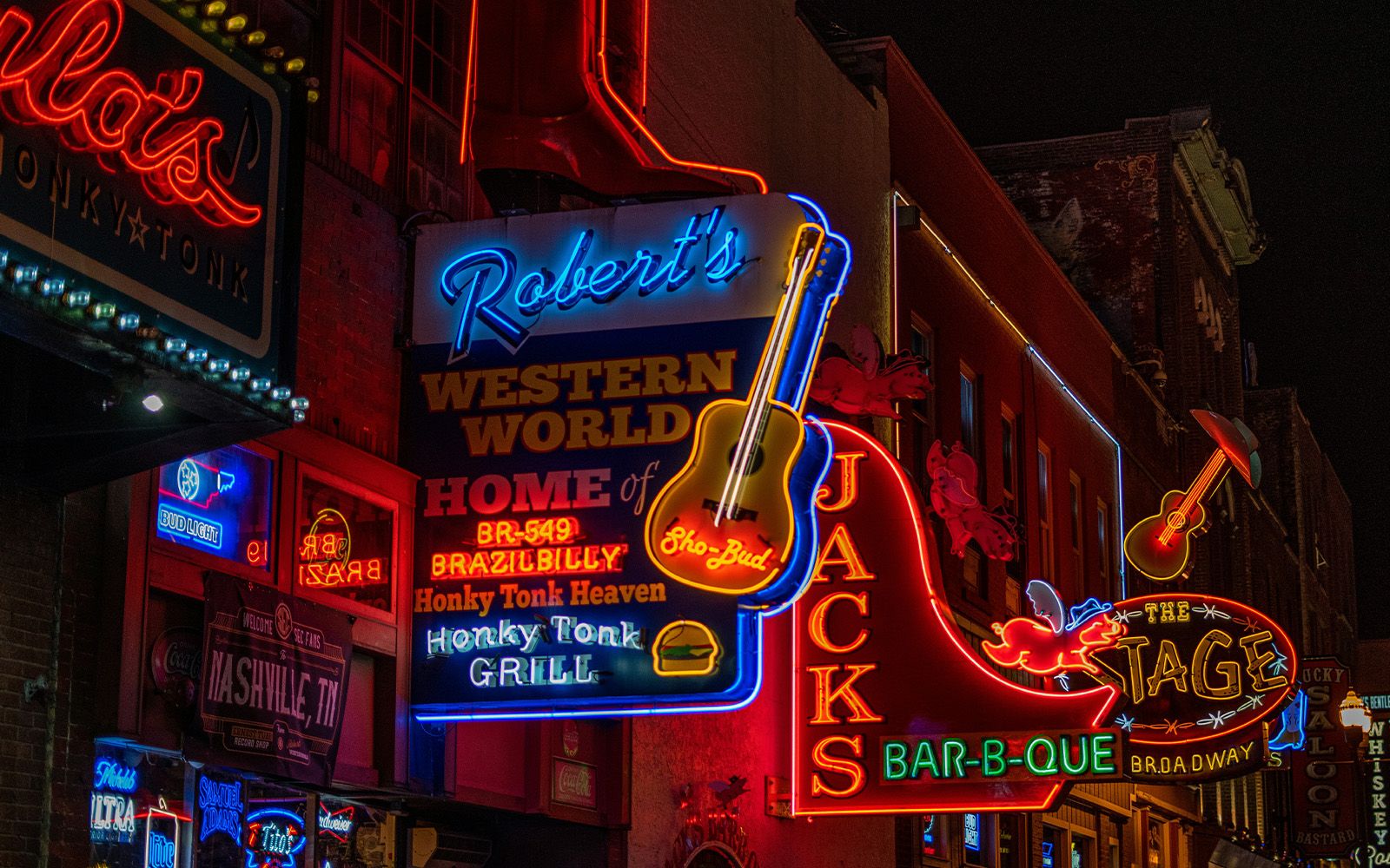 Neon honky-tonk signs on Lower Broadway, Nashville