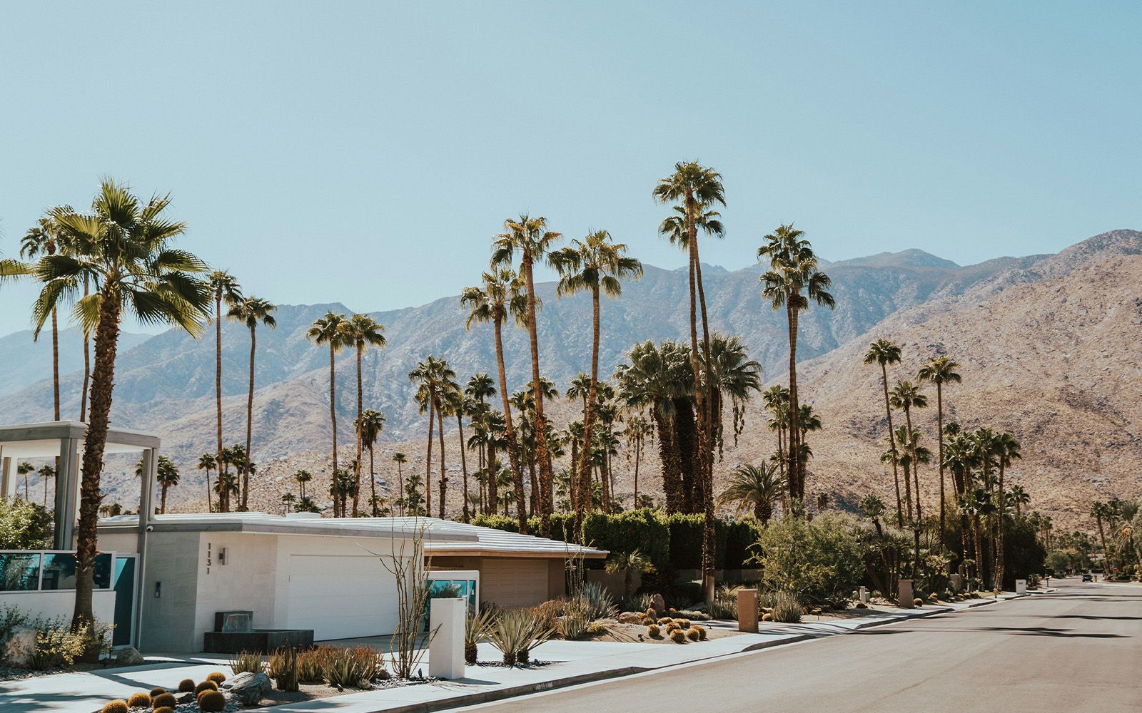 Mid-century home and palms below the mountains, Palm Springs