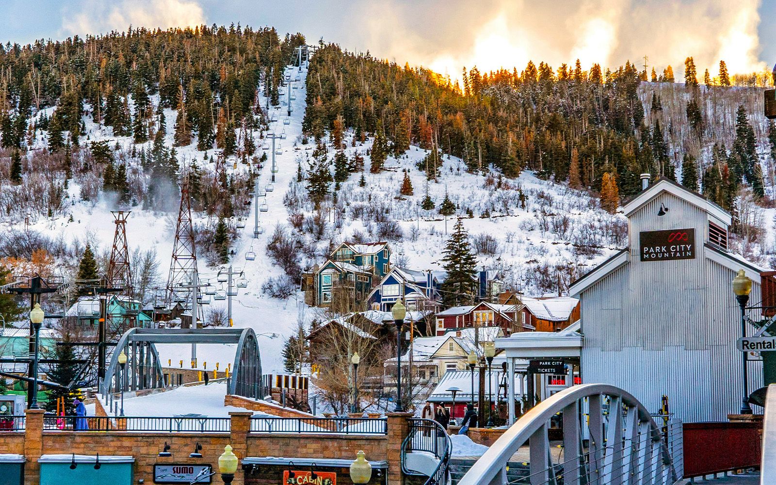 Park City Mountain lift above Main Street in winter