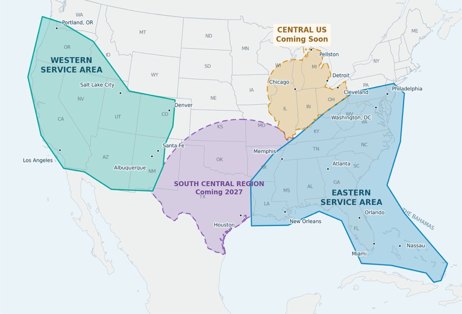 Map of Skydance Air service areas across the United States and the Bahamas